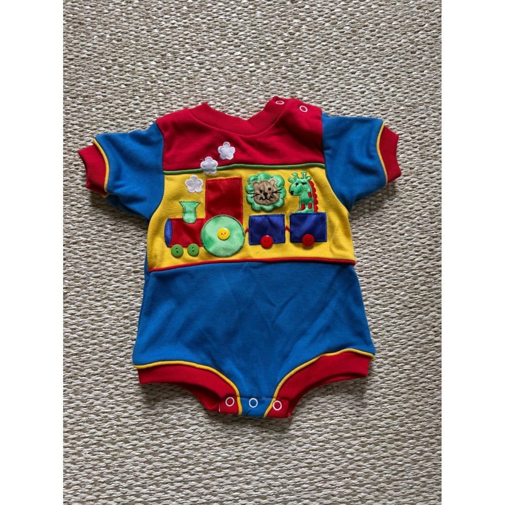 Vintage Joggles Baby infant Train  Applique Romper 90's jumper color block 12 m